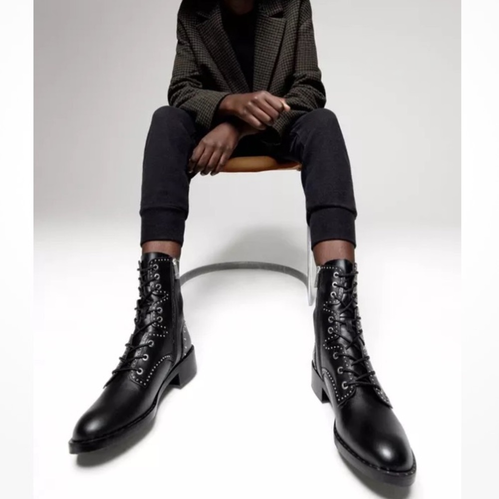 Zara Black Leather Lace Up Biker Chelsea Studded Punk Goth Ankle Boots Size 37 - Picture 15 of 15